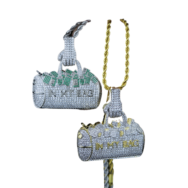 Money Bag Handbag Pendant Necklace Copper Rhinestone Hip Hop Jewelry Wholesale for Men Streetwear