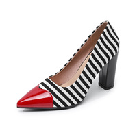 Sepatu Wanita Ukuran Besar Model Pointed Toe Shallow Pumps Hitam & Putih Bergaris Hak Tebal Tinggi Bahan PU Sol TPU Ukuran 40-43