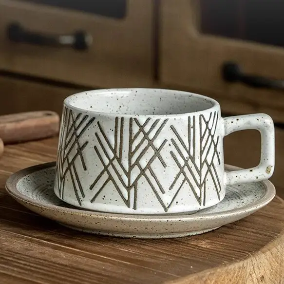 Taza de té de gres de estilo retro Tazas de espresso Cappuccino Latte tazas de té platillos