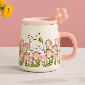 Taza Estética <span class=keywords><strong>con</strong></span> Diseño Creativo de Tulipán Rosa Pintado <span class=keywords><strong>a</strong></span> Mano, Regalo Personalizado para el Desayuno <span class=keywords><strong>con</strong></span> Cuchara y Tapa - Product Image 2