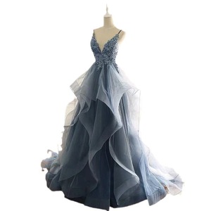 Evening Gown V-Neck Backless Lace Dark Blue Ball Gown Empire Waist Formal Dress Spring Style - Product Image 5