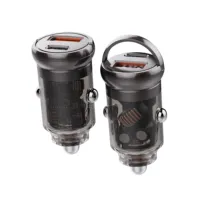 Chargeur de voiture transparent haute puissance 65W, double port PD QC à charge rapide, design à anneau de traction, mini adaptateur allume-cigare