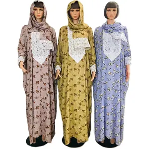 Muslim Printed Gowns High Quality Middle East Islam Prayer Clothes Girls Lace Abaya Dress For Pray With Scarf