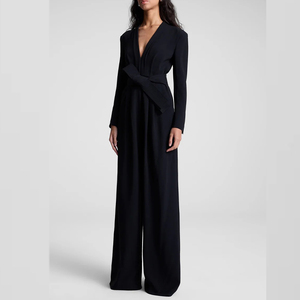 Combinaison élégante noire pour <span class=keywords><strong>femme</strong></span>, taille haute, col en V profond, manches longues, ceinturée, longueur genou, jambes larges, personnalisable, pour soirée formelle - Product Image 3