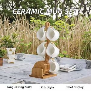 Wooden Coffee Tea <b>Set</b> With Bamboo Stand 3 Tier Ceramic Cups <b>Coasters</b> For Home Use - Product Image 2
