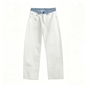 Pantalones Vaqueros Anchos de Corte Holgado con Cintura a Rayas en Contraste, Pantalones de Mezclilla Lavados Casuales - Product Image 1