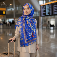 Hijab Modal Warna Biru Royal dengan Motif Bunga Abstrak Berwarna-warni untuk Wanita Muslim, Cocok untuk Sehari-hari, Liburan, dan Semua Musim