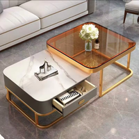 Ensemble de table basse carrée pour salon - Table basse moderne compacte en pierre brillante, table basse en verre de luxe léger, combinaison de meuble TV