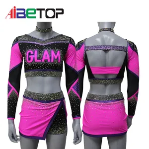 New Free Sample Fast Delivery Custom Cheerleading Uniforms Pink Long Sleeve Cheer Tops And Skirts