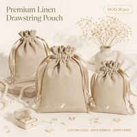 Kantong Serut Linen Logo Kustom dengan Ikat Pita Satin, Sachet Teh, Rempah, Perhiasan, Koin, Tas Hadiah, Penyimpanan Alami, Grosir OEM
