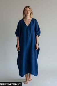 Women's Pink Linen Maxi <b>Kaftan</b> Regular Fit V-neck Eco-Friendly Party Dress <b>Beach</b> Cover Summer Wear Belt B2B Wholesale - Product Image 3