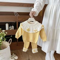 Nouvel ensemble tricoté 2 pièces pour bébés filles automne-hiver, en fibre de viscose adoucie, avec haut à col Peter Pan et bas décoré d'un nœud