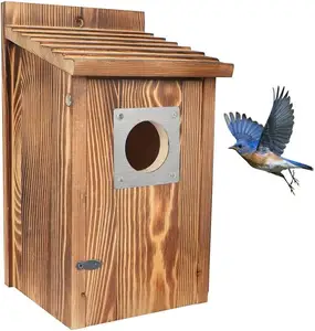 Bird Houses for Outside with Metal Predator Guard for Bluebird Wren Swallow Finch Carbonized Wooden Nesting Boxes for Outdoor