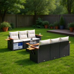 Garden Sofa Set 6 Seater Rattan With Cushions Outdoor Furniture Contemporary Design Teak Wood <b>Frame</b> - Product Image 2