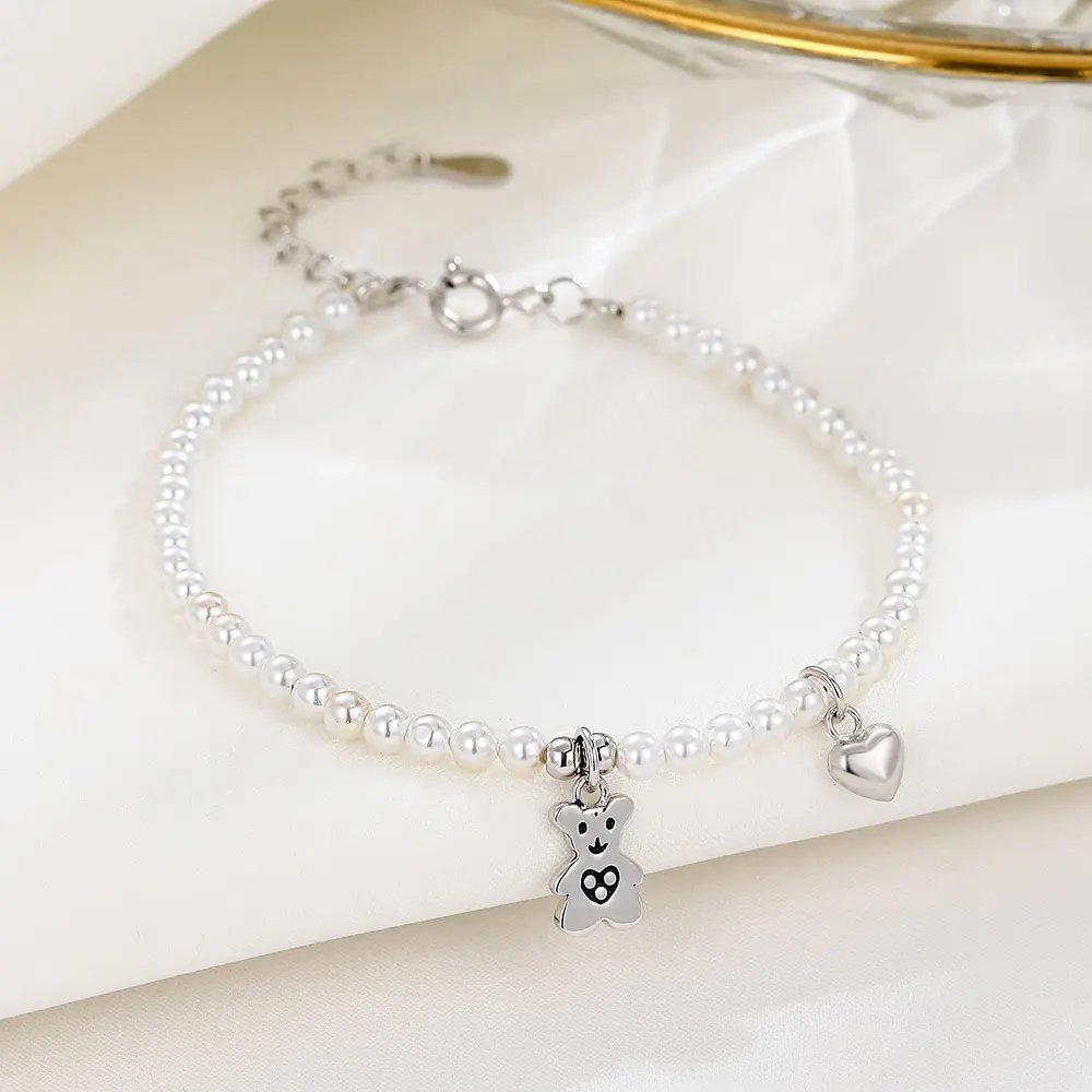 925 Sterling Silver Bear Heart Bracelet for Women Fashion Natural Freshwater Pearl Silver Plated for Engagement for Children