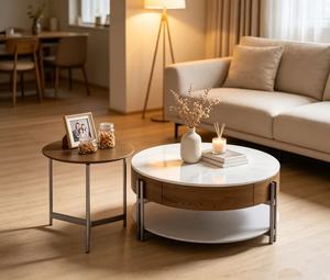 Modern Round <b>Marble</b> <b>Top</b> Coffee <b>Table</b> With Storage Wood Metal Frame Living Room Furniture - Product Image 3