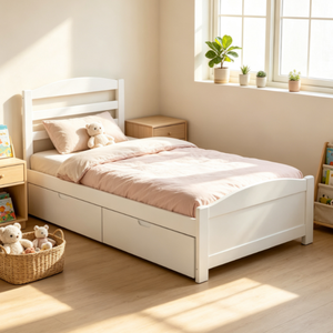 <span class=keywords><strong>Letto</strong></span> <span class=keywords><strong>singolo</strong></span> a piattaforma basso bianco con 2 cassetti contenitore, in legno massello di pino, con <span class=keywords><strong>testiera</strong></span>, moderno, per cameretta bambini - Product Image 1