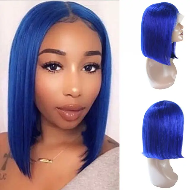 Blue Color Human Hair Short Cosplay Bob Lace Wigs Preplucked Human Hair Wig
