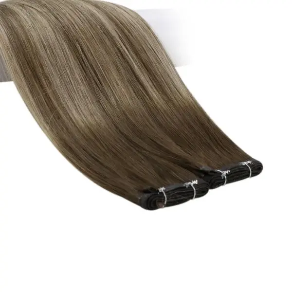 Topelles Beste Kwaliteit Balayage Donkerbruin Hoogtepunt Blond Platte Inslag Dubbel Getrokken Hair Extensions