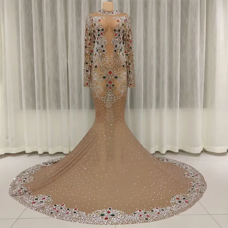 Sang trọng Dubai ăn mặc mới đến Bling thạch prom ăn mặc đầy đủ tay áo hoa lưới maxi bên váy