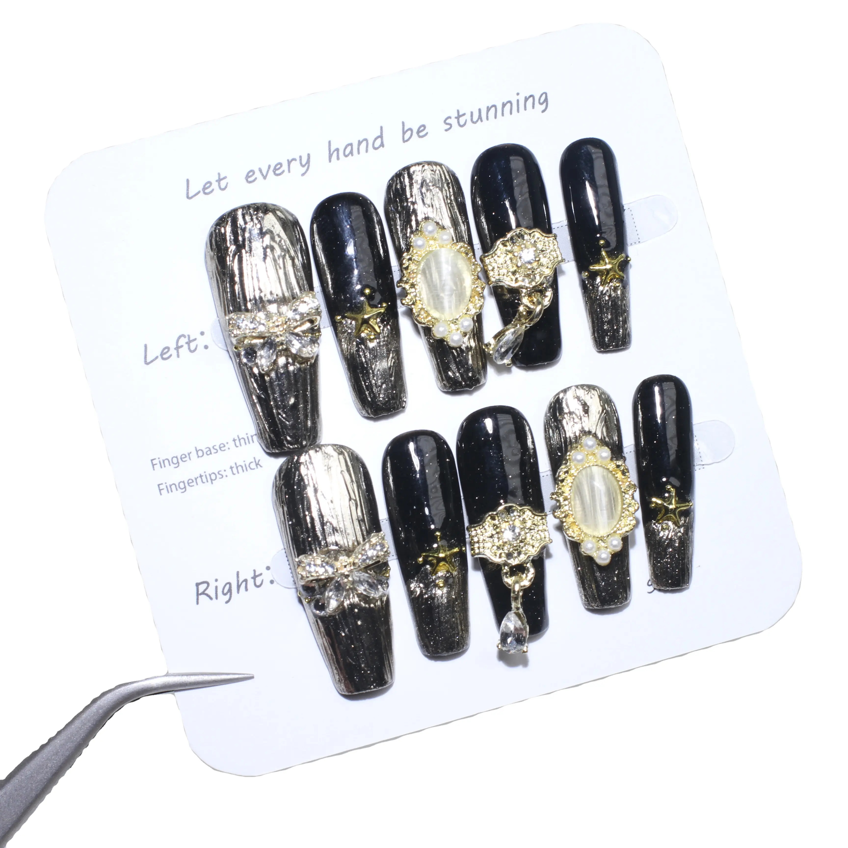 Groothandel Op Maat Luxe Bling Stenen Pers Op Nagels Medium Doodskist Zwart Franse Tip Nagels Manicure Acryl Stick Op Nagels