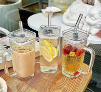 Verre à eau en verre avec poignée, aspect haut de gamme, pour femme, boisson estivale, jus, mug à lait portable avec couvercle et paille