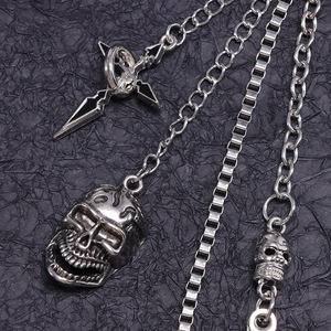 yueli Double Layered Metal Pants Chain With <b>Skull</b> And Cross Pendant Tibetan Silver Waist Chain For Hip Hop Casual Style - Product Image 4