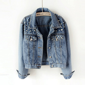 Femmes lâche printemps automne nouvelle perle perlée veste courte Denim manteau bouton décoration imperméable <span class=keywords><strong>Bomber</strong></span> - Product Image 4