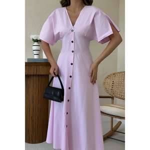 Vestido Midi Rosa con Cuello en V, Corte en A, Cintura Natural, Popelina Tejida, Informal, para Uso Diario, Transpirable, Estilo Simple - Product Image 2