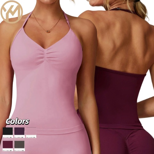 Yimo Women Seamless Halter Backless Golf Shirt Female Sleeveless Gather Tight Yoga Top Lady Halter Shockproof Slim Running Vest