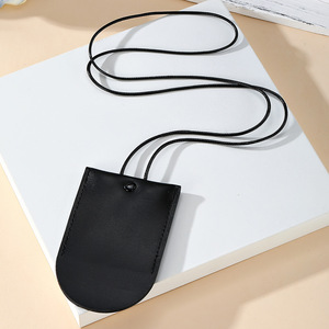 Pochette de rangement en cuir pour le cou, forme ronde et trapézoïdale, portable pour écouteurs, lunettes, clés, couleur ambre et noir, design avec surpiqûres - Product Image 4