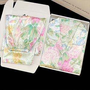 طقم بيجاما نسائية ساتان ناعمة بأكمام طويلة + بنطلون واسع الساق قطعتين، طقم بيجاما كاجوال مطبوعة للسيدات للربيع والخريف - Product Image 4