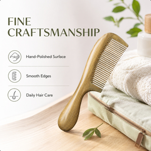 Peigne à dents fines en bois de santal vert épais et épissé, avec poignée ovale, pour extensions capillaires, soin du cuir chevelu et coiffure, vente en gros - Product Image 6