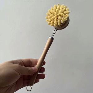 Wooden Handle Natural Sisal Bristle Cleaning Dish <b>Brush</b> Pot Pan Bowl <b>Scrub</b> <b>Brush</b> for Kitchen - Product Image 3