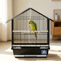 Kit de cage à oiseaux compacte à toit en pignon, cadre en acier inoxydable thermolaqué, plateau et perchoirs en plastique, rangement facile pour petits oiseaux