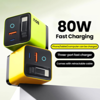 Chargeur GaN 80W avec câble rétractable PD 3.0 Triple port (USB + 2 Type-C) Chargeur rapide pour Android pour appareils Indicateur LED
