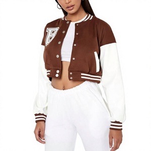 <b>Women's</b> <b>Brown</b> White Varsity <b>Jacket</b> Full Sleeve Turn Down Collar Short Crop Letter B Front Factory Made <b>Women's</b> Varsity for Sale - Product Image 3