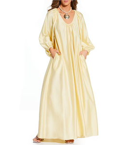 Vestido Maxi Amarillo Satinado con Cuello en V, Manga Farol, Estilo Boho Holgado con Bolsillos, Vestido Casual de Verano - Product Image 1