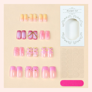 24 Uñas Postizas Acrílicas con Diseño Degradado de Flor de Cerezo, Estilo Francés a Rayas, Cortas y Cuadradas, Estilo Dulce - Product Image 4