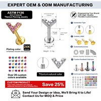Piercing Labret en Titane ASTM F136 G23 avec Zircon, Plaqué Or, Sans Filetage, à Poussoir, pour Cartilage et Lèvre, Bijoux Corporels, Vente en Gros