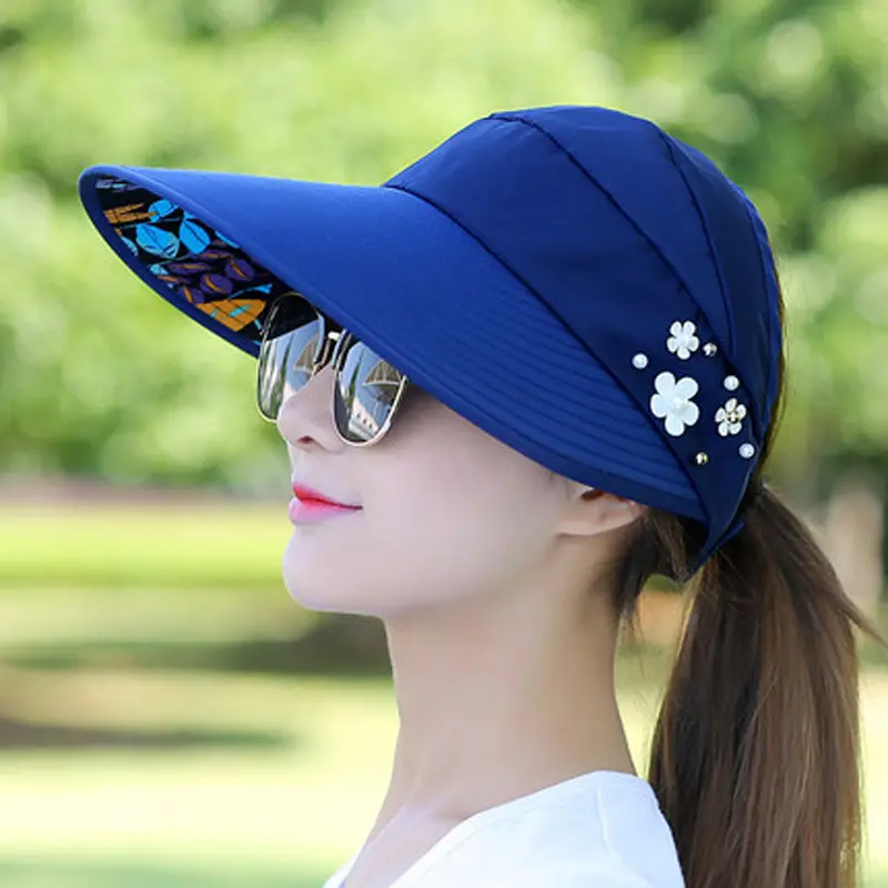 Topi Matahari untuk Wanita, Topi Pantai Perlindungan UV Tepi Lebar Ekor Kuda Musim Panas Kasual Wanita