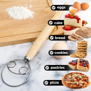 Nhà bếp sourdough Baking Pastry công cụ thép không gỉ bột móc Hà Lan Mixer 13inch bánh mì Whisk tay cầm bằng gỗ Đan Mạch bột Whisk - Product Image 3