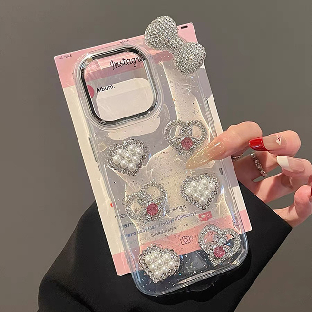 Luxury Diamond Heart Pearl Design Phone case for iphone 17 Pro case Transparent Rhinestone Bows Phone Cover for iphone 16 15 14