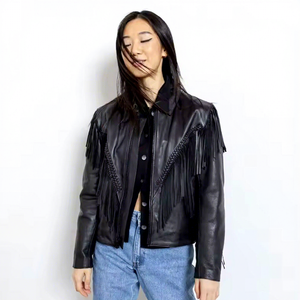 Chaqueta de Cuero Genuino Negro para Mujer con Flecos y Borlas, Ribete Trenzado, Abrigo Vaquero de Piel de Oveja, Estilo Vintage Personalizado, Ropa de Invierno - Product Image 1