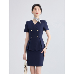Women's Black V-Neck Double-Breasted Blazer Skirt Set Short Sleeve Formal Workwear Commute Anti-Wrinkle Worsted Fabric - Product Image 3