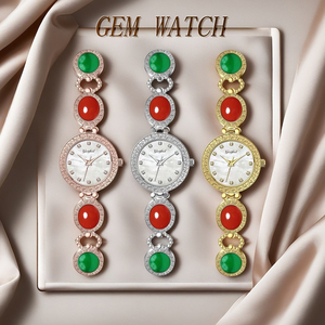 Montre-bracelet pour femme Gezfeel, pierres précieuses rouges et vertes, acier inoxydable, mouvement à quartz analogique rond, 30 mm, style élégant - Product Image 3