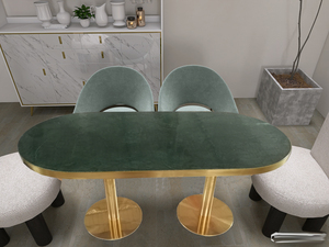 Bàn Tự Chọn Đá Cẩm Thạch Màu Xanh Lá Hình Bầu Dục 6 Chỗ Trực Tiếp Từ Nhà Máy Khung Vàng Dùng Trong Ăn Uống Nhà Hàng - Product Image 2