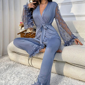 Pyjama classique en satin de soie uni avec manches longues en dentelle et taille élastique pour femme – Collection Automne Hiver (Vente en gros) - Product Image 2