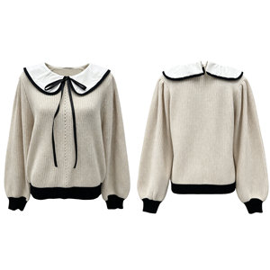 Maglione da Donna in <span class=keywords><strong>Maglia</strong></span> Waffle con <span class=keywords><strong>Colletto</strong></span> Peter Pan <span class=keywords><strong>Bianco</strong></span> a Contrasto e Fiocco Nero, Maniche Lunghe a Sbuffo, Pullover Lavorato a <span class=keywords><strong>Maglia</strong></span> Bicolore - Product Image 4