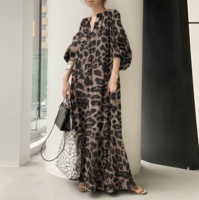 Nouvelle robe maxi à imprimé léopard pour femmes, manches bouffantes, col en V, poches, robe ample en mousseline de soie, mode musulmane